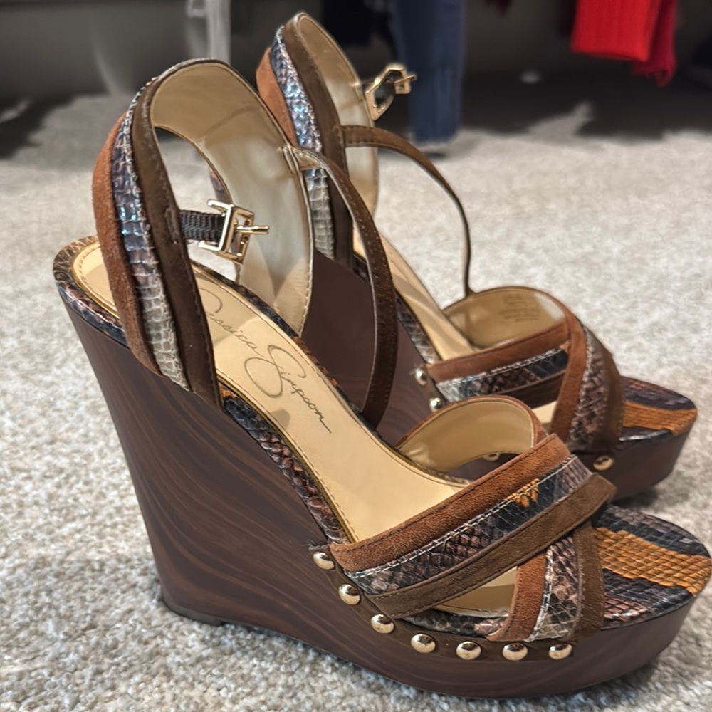 Jessica Simpson Brown Tan Wedge Sandals with Metallic Studs